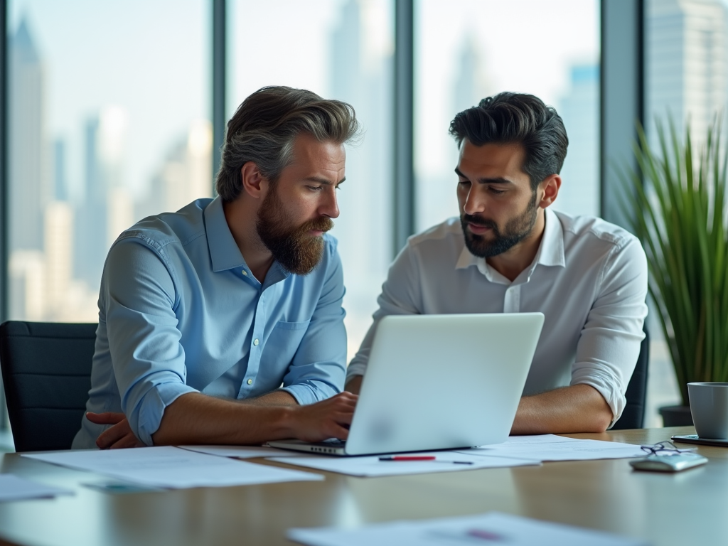 Two businessmen analyzing data on a laptop in a modern office with cityscape in the background.