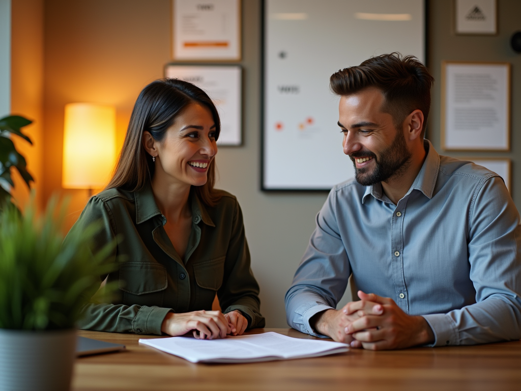 Two professionals are smiling at each other while discussing documents at a wooden table in a cozy office setting.