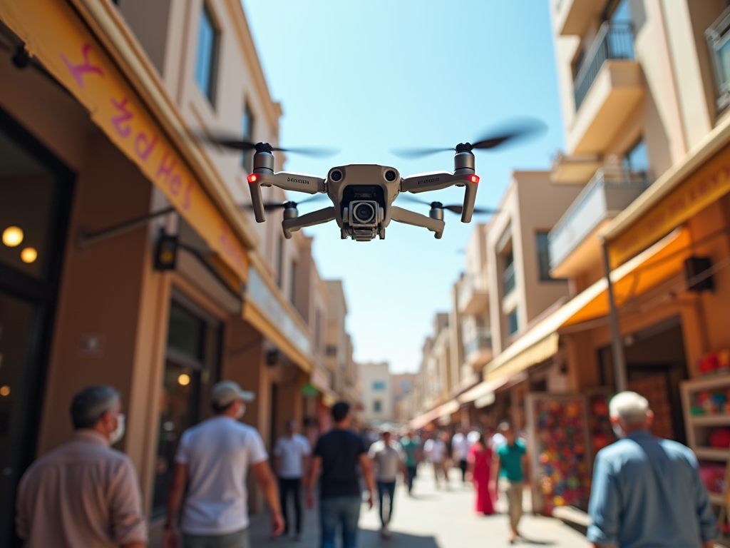 A drone hovers over a bustling street filled with people and shops under a bright blue sky.