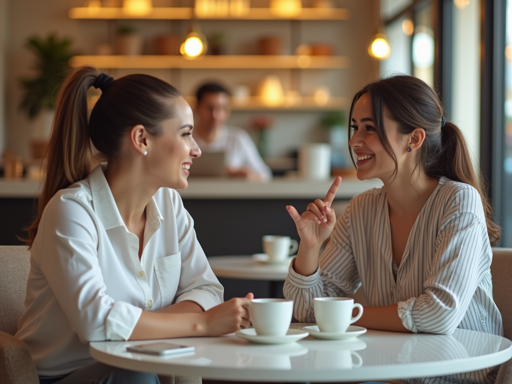 Two women are seated at a cafe table, smiling and engaging in a lively conversation over coffee.