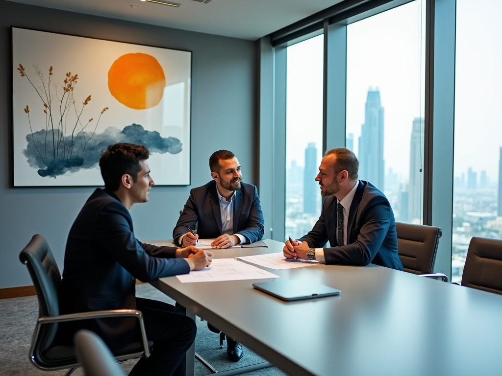 Three businessmen discussing in a modern office with cityscape views.