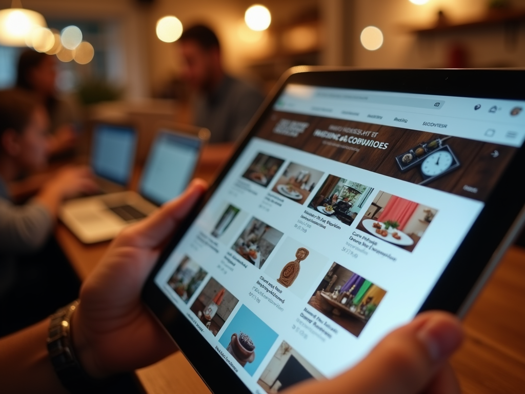 A person holds a tablet displaying a website with various food and decor items for sale.