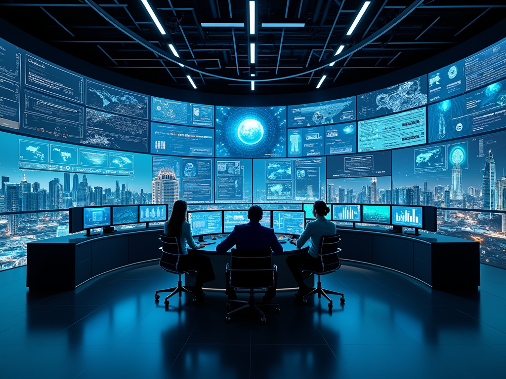 Three professionals monitor multiple screens displaying data and city views in a futuristic control room.