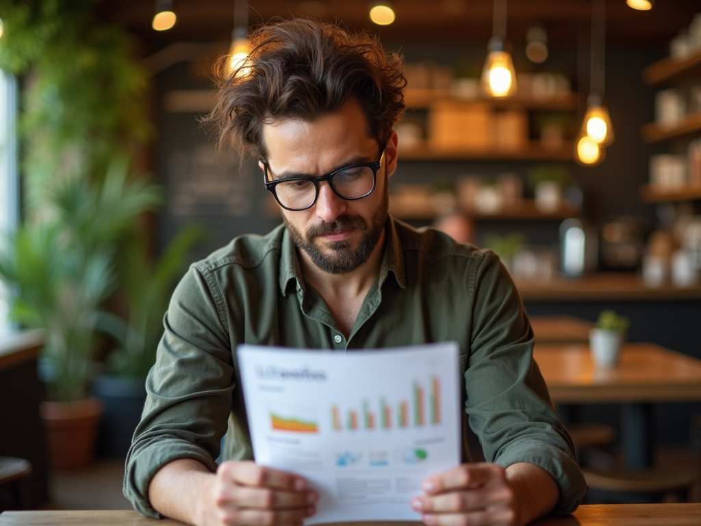 Man in glasses reading a document with graphs at a café.