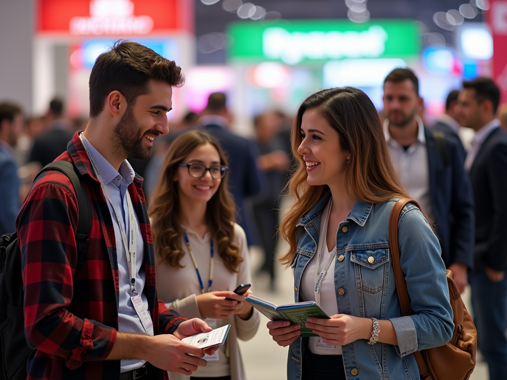 Three young professionals engaged in a pleasant conversation at a bustling trade show.