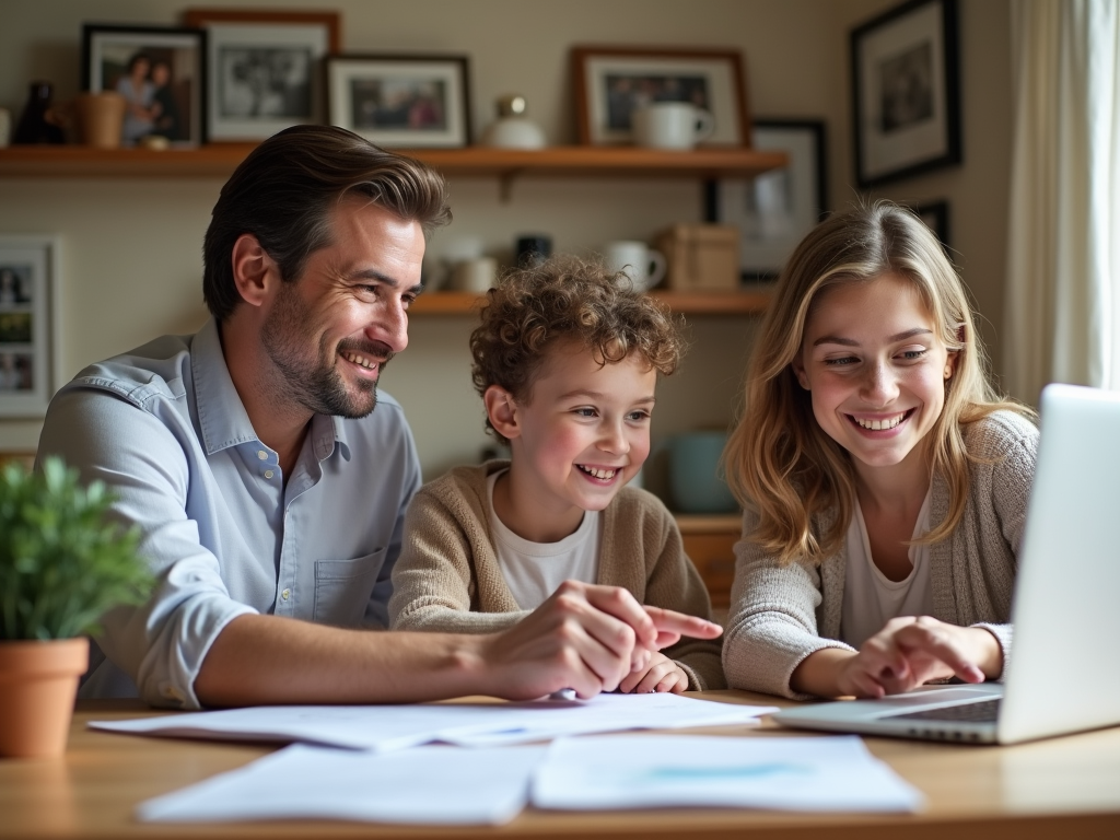 Family with young child smiling and using a laptop together at a home office table.