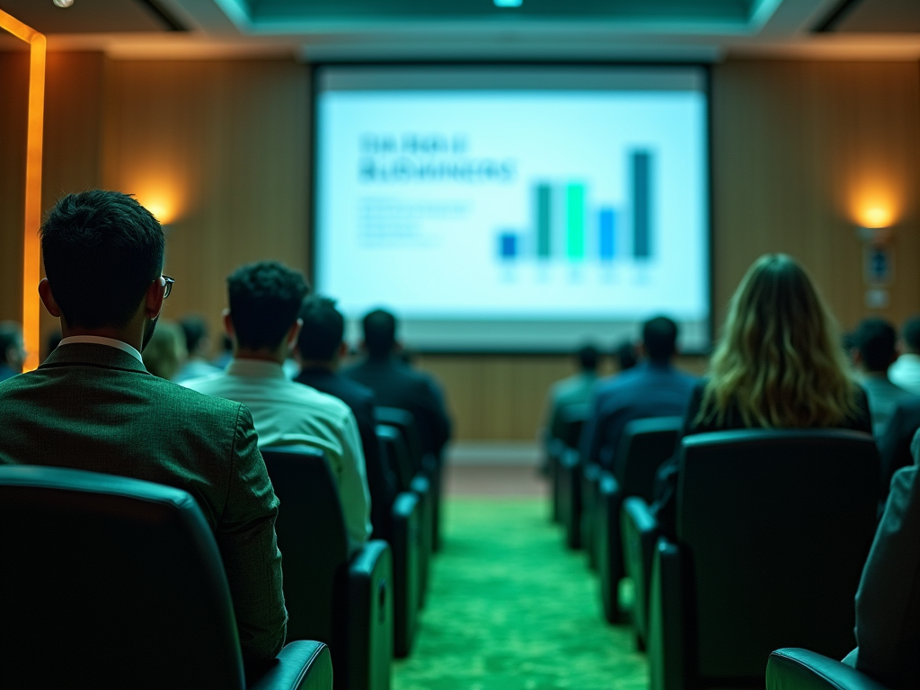 Audience at a business presentation viewing a slide with bar graphs on economic statistics.