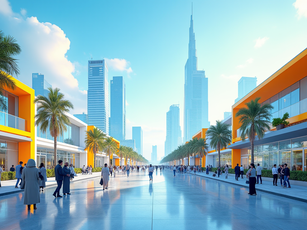 Modern cityscape with skyscrapers, palm trees, and people walking along a sunny, reflective promenade.