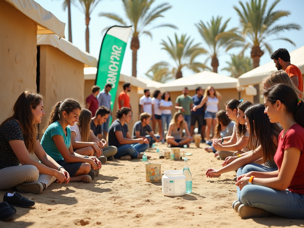 Young people sitting in rows on sandy ground outside, participating in a group activity near tents.