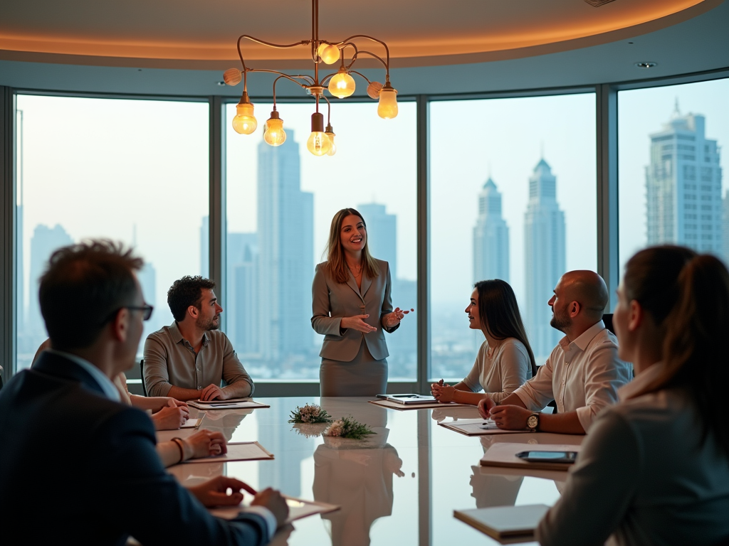 A professional woman presents to a group in a modern conference room with a city skyline view.