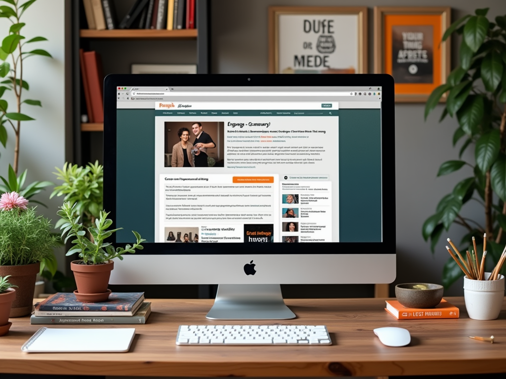 A computer on a desk displays a webpage about engaging content creation, surrounded by plants and books.