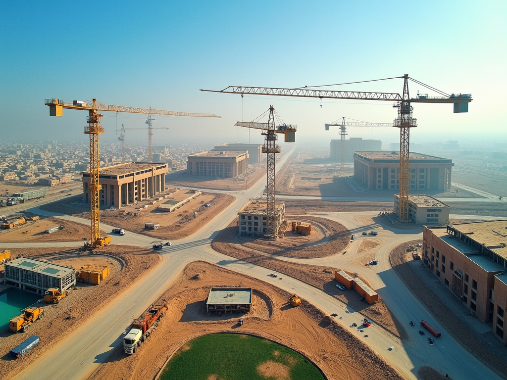 Aerial view of an expansive construction site with multiple cranes and buildings.