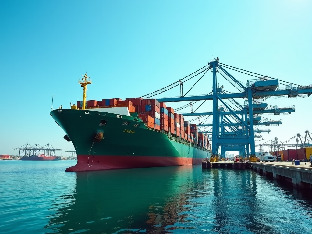 Large green cargo ship being unloaded at a sunny port with cranes and blue sky.