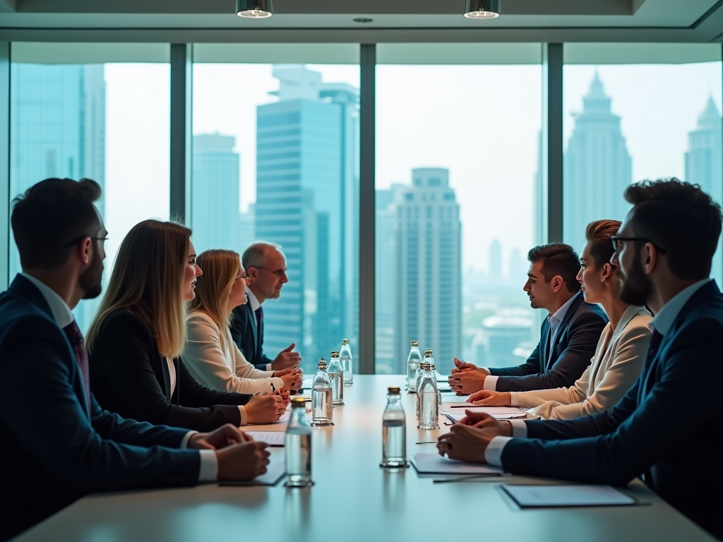 Business professionals discussing in a meeting room with a cityscape view.