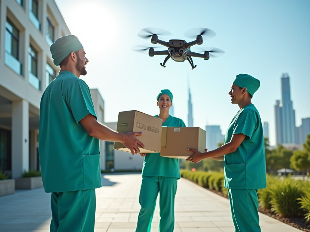 Three healthcare workers in green scrubs smile as a drone hovers above, delivering boxes on a sunny day.