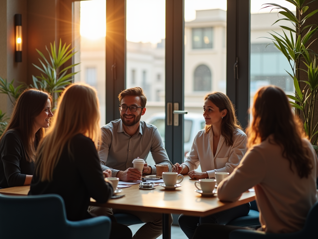 Group of five colleagues enjoying a coffee break in a sunlit cafe.