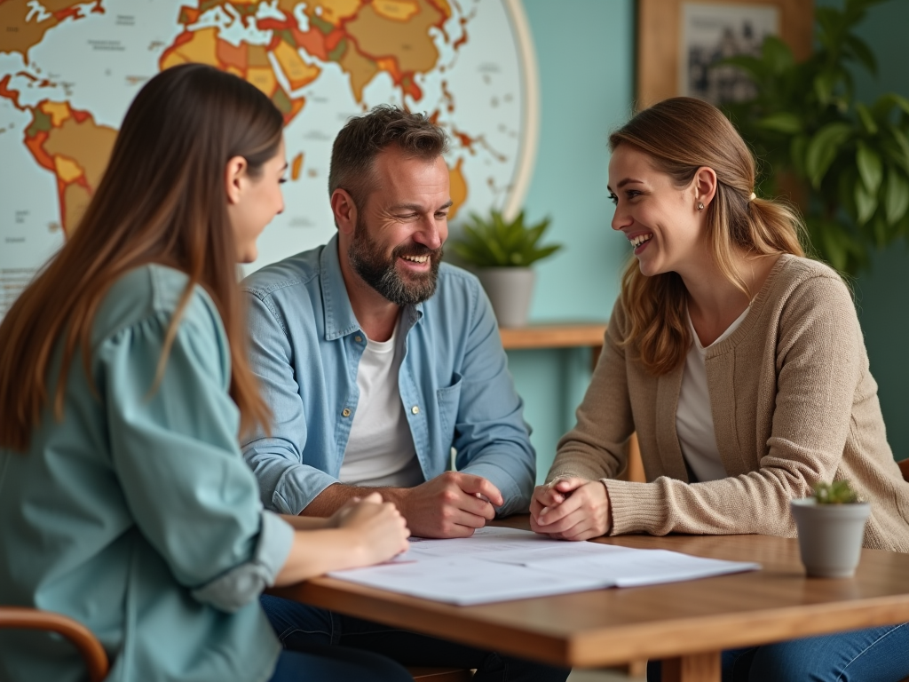 Two women and a man discussing over documents at a table with world map in background.