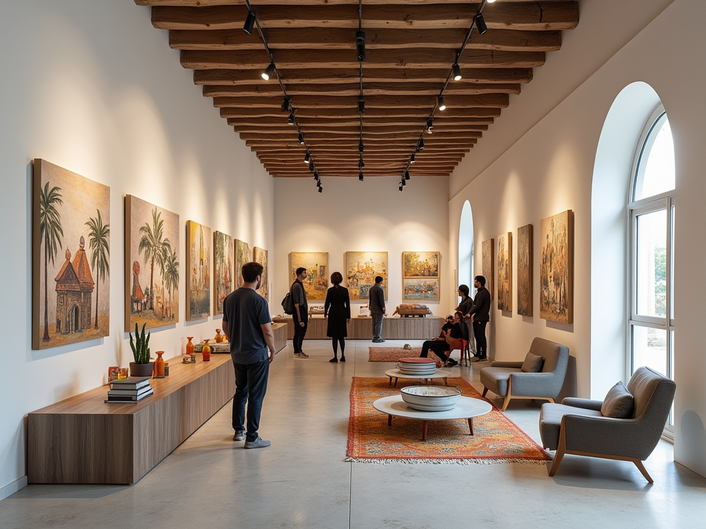 A modern art gallery with paintings on the walls, visitors interacting, and a cozy seating area.