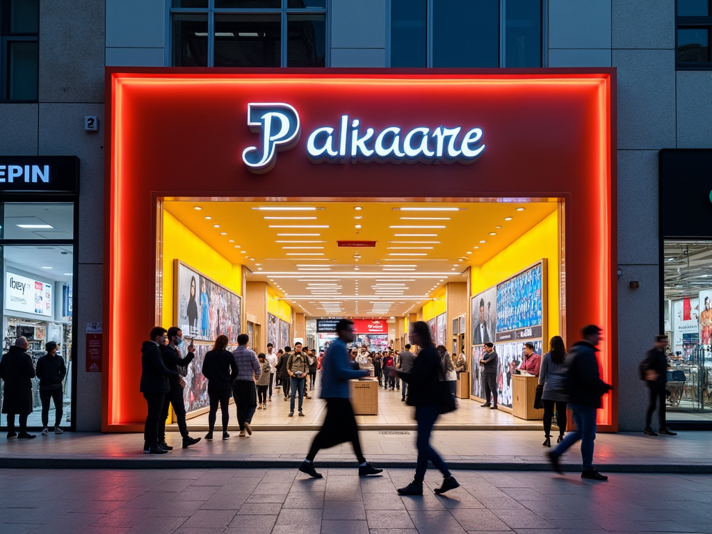 Vibrant entrance to Pakkaane store with neon-lit logo, bustling with shoppers and pedestrians at dusk.