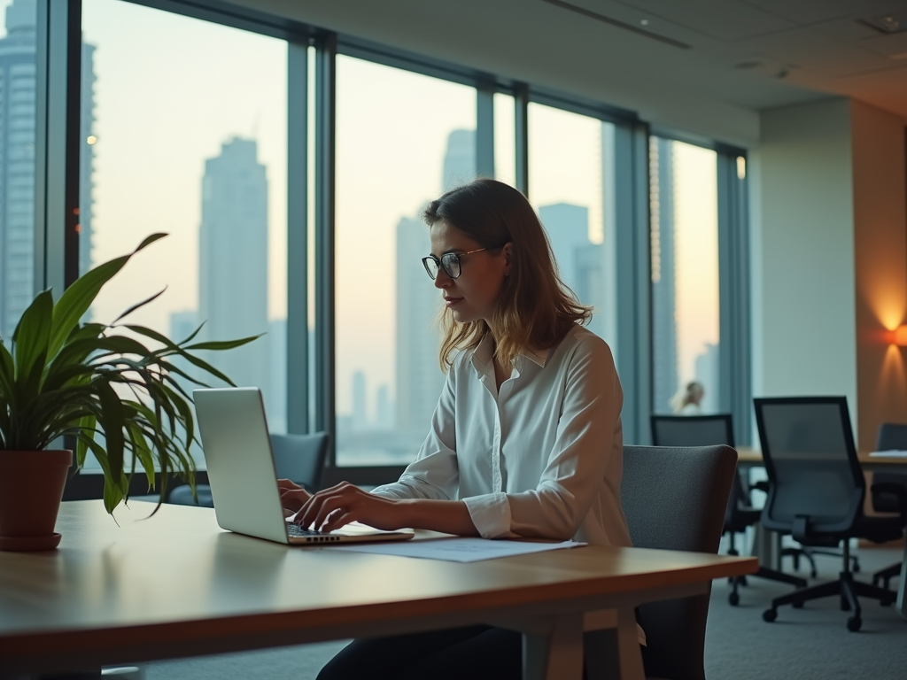 Woman working on laptop in office with cityscape in background.