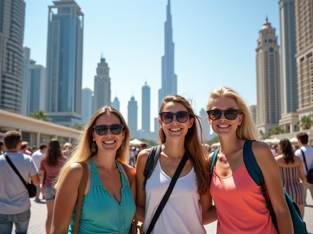 Three smiling women in sunglasses with the Burj Khalifa in the background, surrounded by tourists.