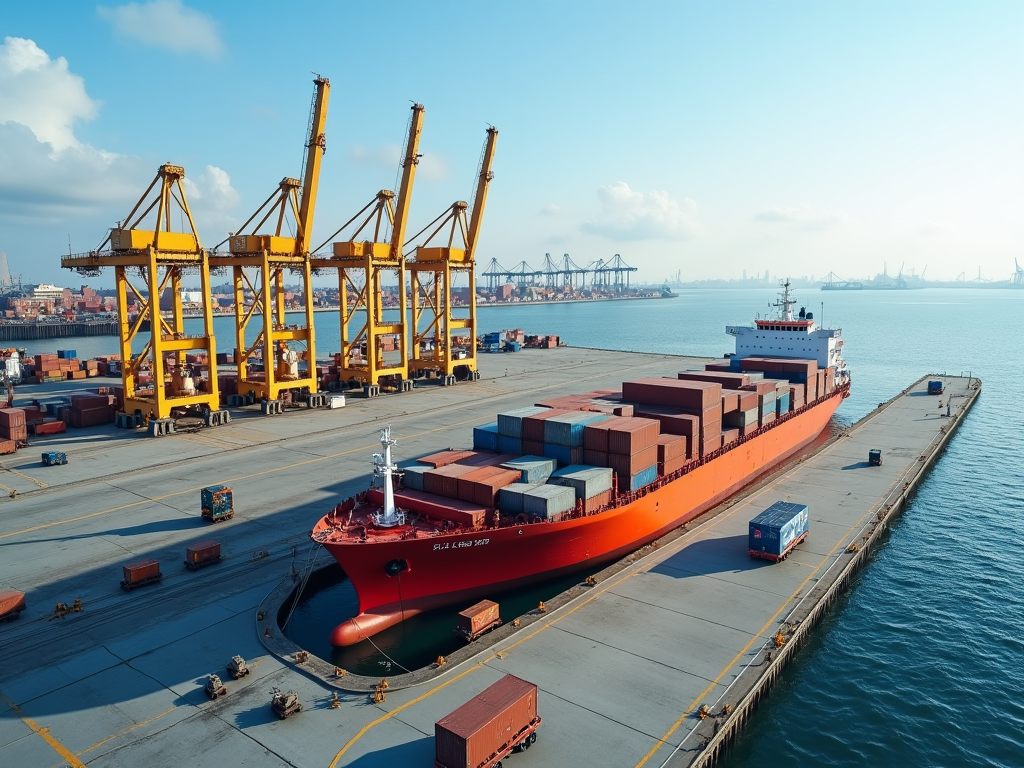 A large red cargo ship docked at a busy port, with yellow cranes and stacked containers, against a clear sky.