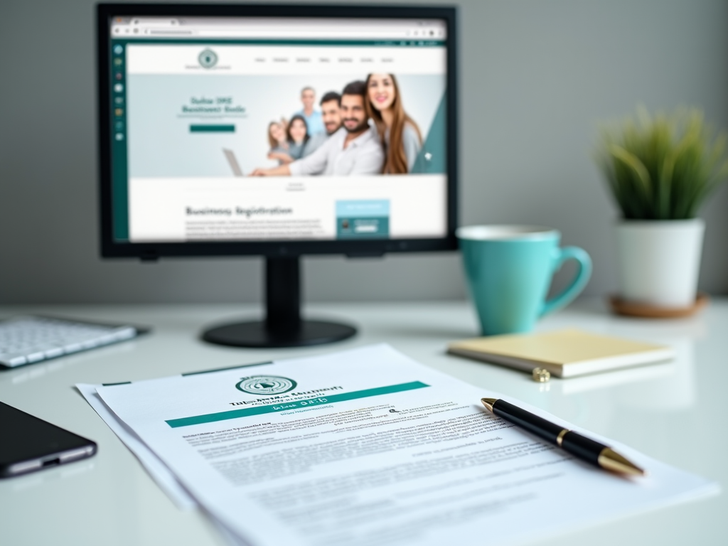 Desktop showing business registration website, blurred paperwork in the foreground, with a coffee cup and potted plant.