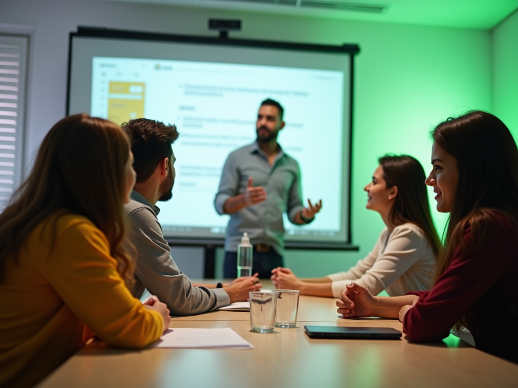 A man presents on a screen in a meeting room to three attentive colleagues.