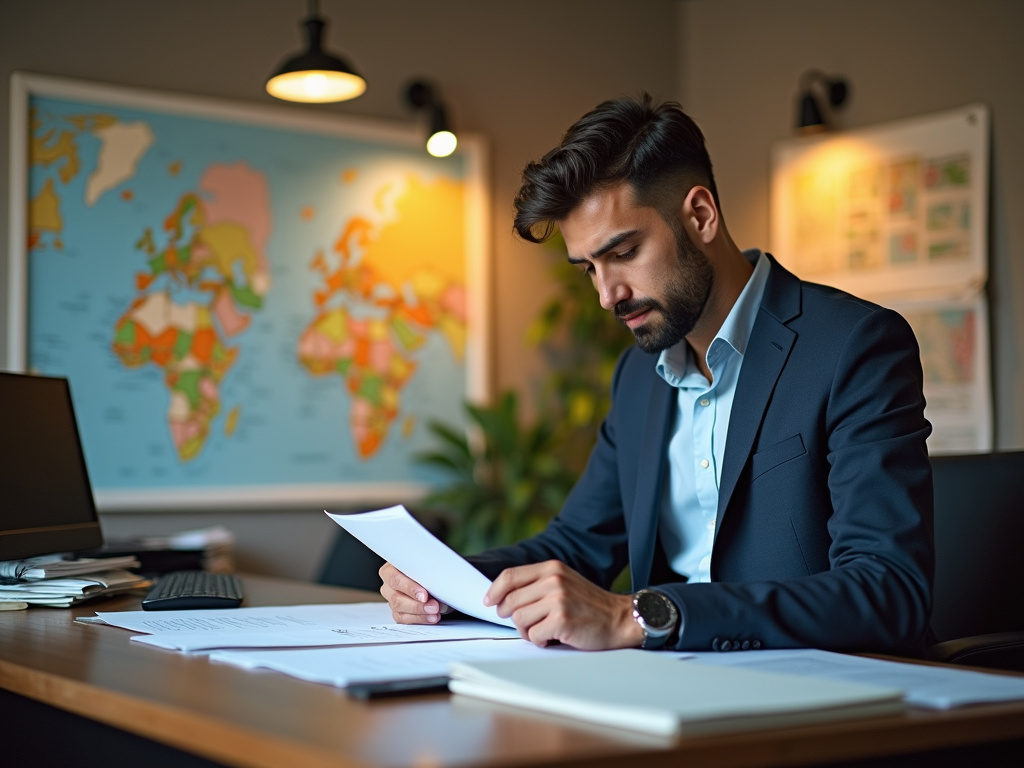 Man reviewing documents in office with world map in background.