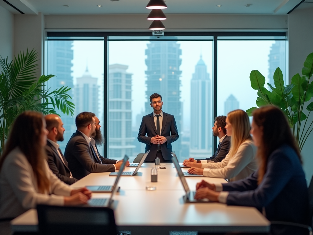 Business meeting in progress with one leader standing and team members seated around a table in a modern office.