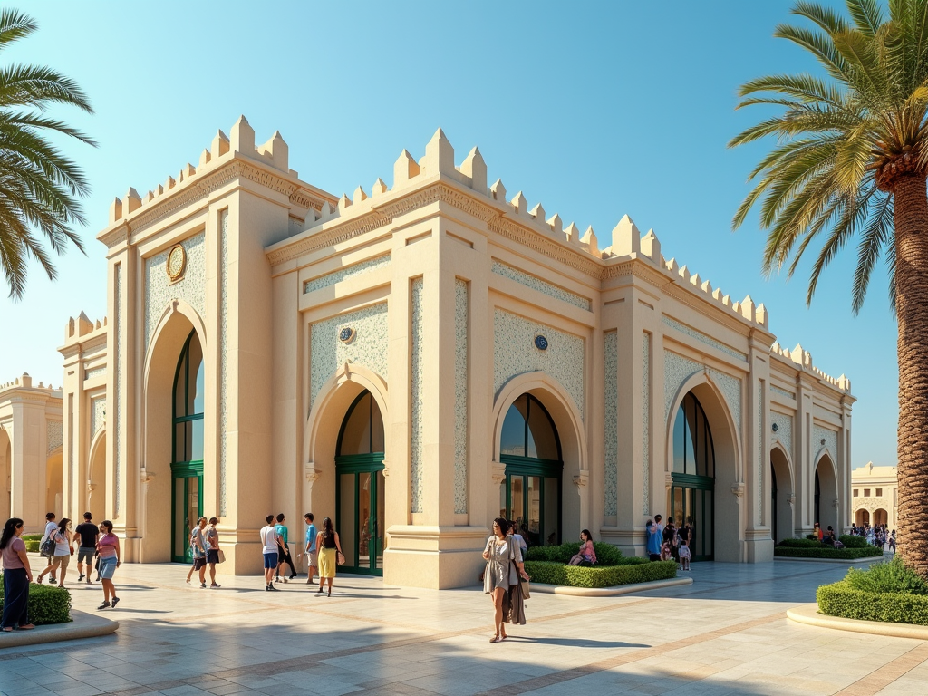 A beautifully designed building with arched windows, surrounded by palm trees and people enjoying the area.