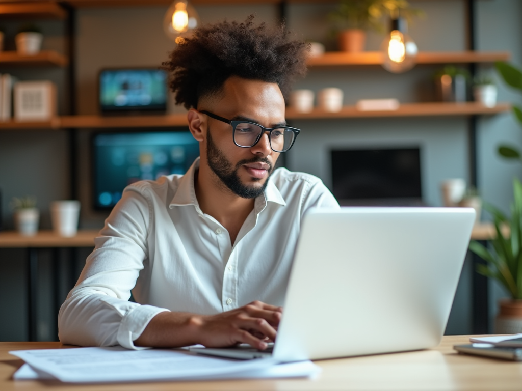 Focused man with glasses working on laptop in a stylish office environment.