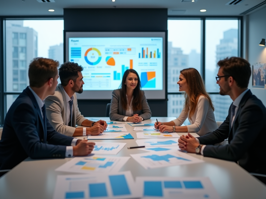 Business team discussing charts in a meeting room with a digital presentation in the background.