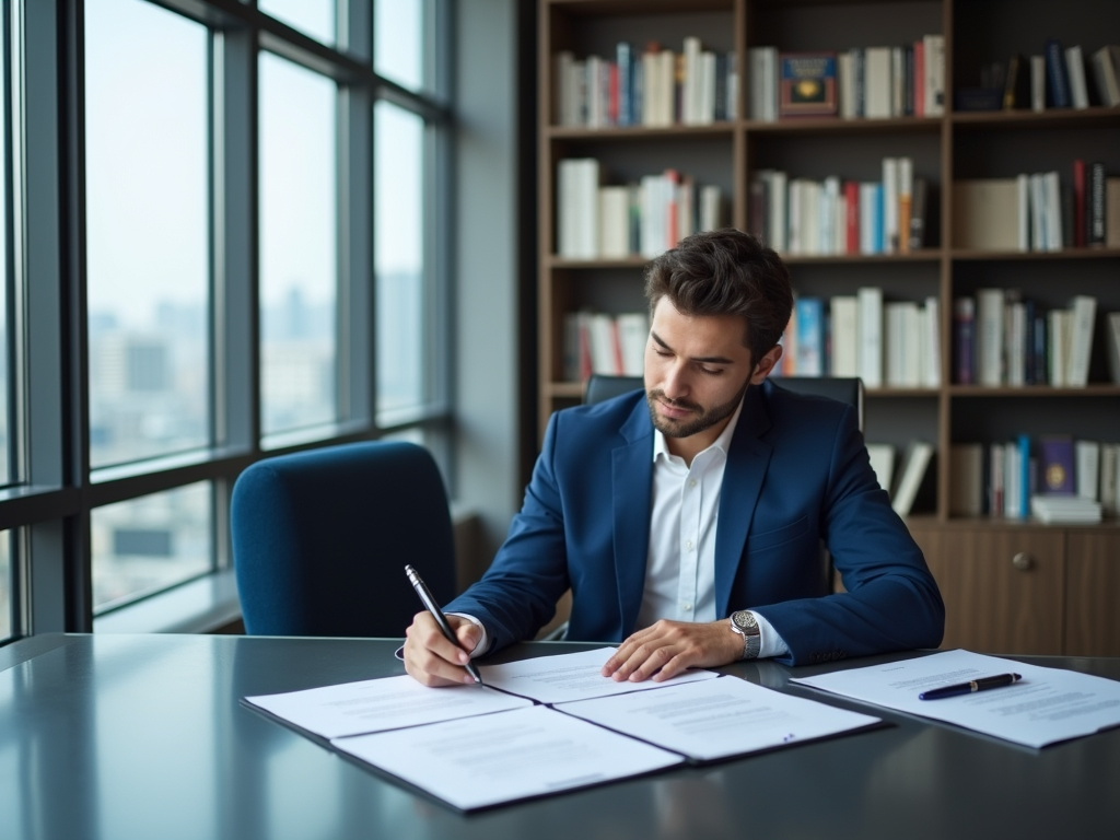 Man in blue suit signing documents at desk in office with bookshelf and window backdrop.