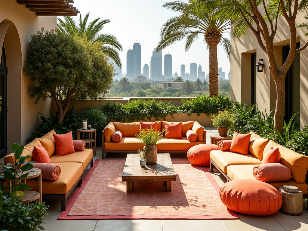 A stylish outdoor lounge with orange sofas, cushions, and a wooden table, framed by palm trees and city skyline.