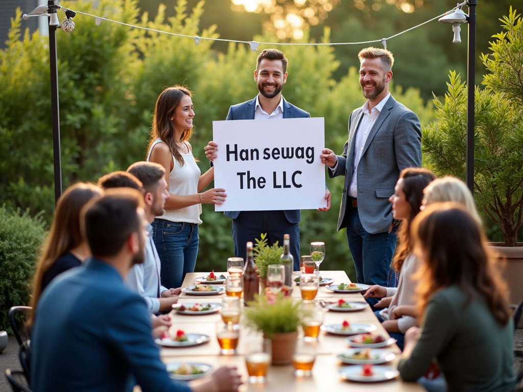 Two people holding a sign "Han sewag The LLC" at a lively outdoor dinner party.