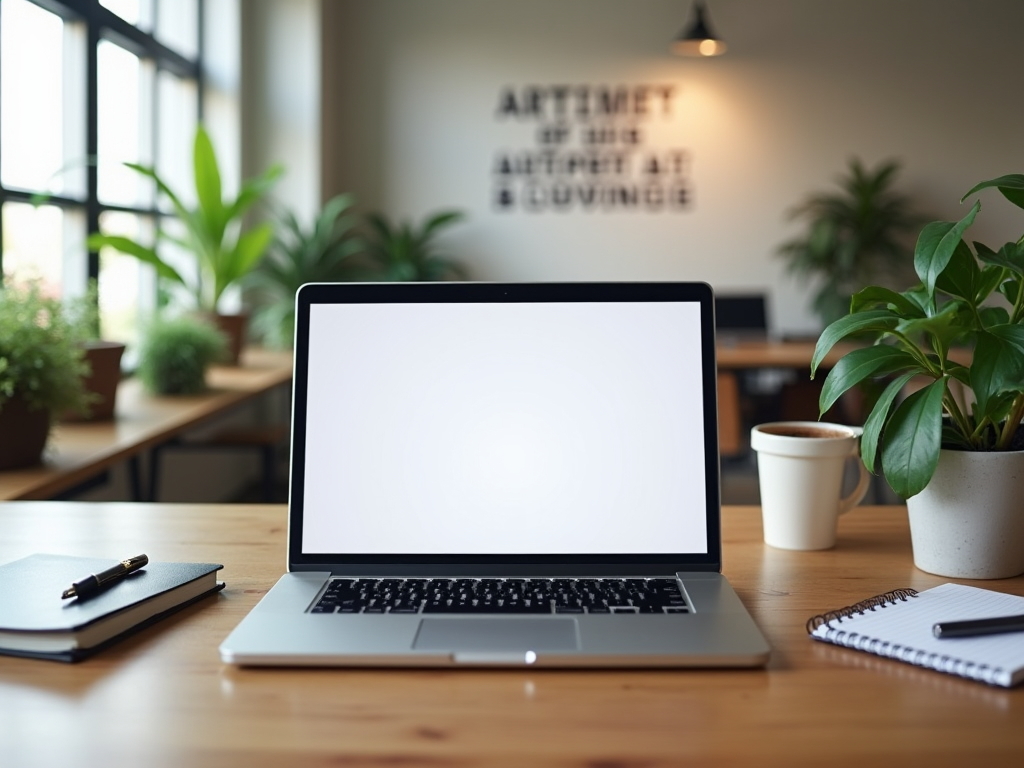 Laptop with blank screen on a desk in a cozy room with plants and a coffee cup.