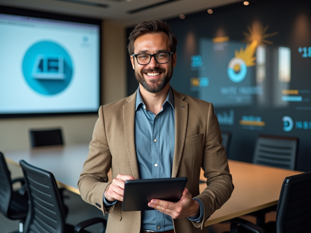 Smiling man holding a tablet in a conference room with digital business charts on screens.