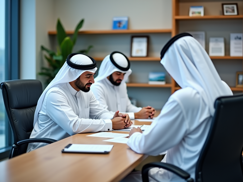 Four Emirati men in kanduras engaged in a business meeting around a table in an office.