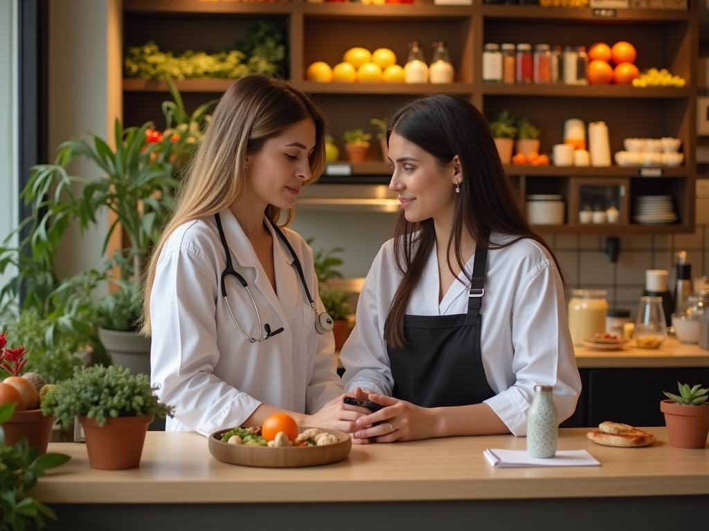 Two women in a kitchen setting discuss health and nutrition, surrounded by fruits and vegetables.