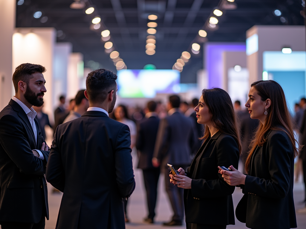 Professionals conversing at a busy conference event, with focus on two women using smartphones.