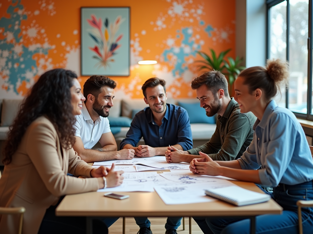 Five professionals smiling and discussing over documents at a colorful office table.