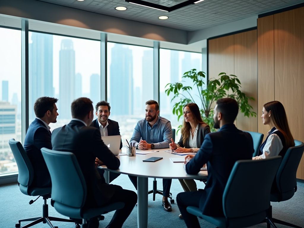 Business professionals engaged in a meeting at a table with a cityscape view from the window.