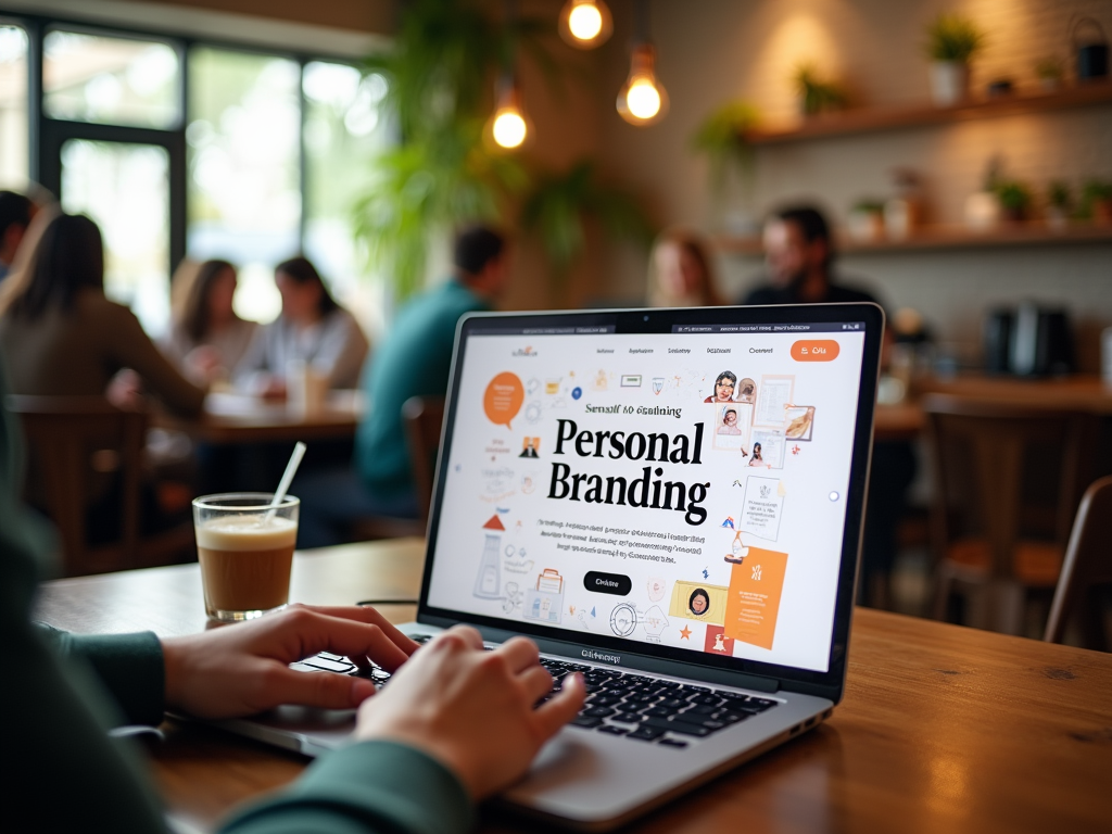 A person typing on a laptop displaying a "Personal Branding" webpage in a café setting with people in the background.