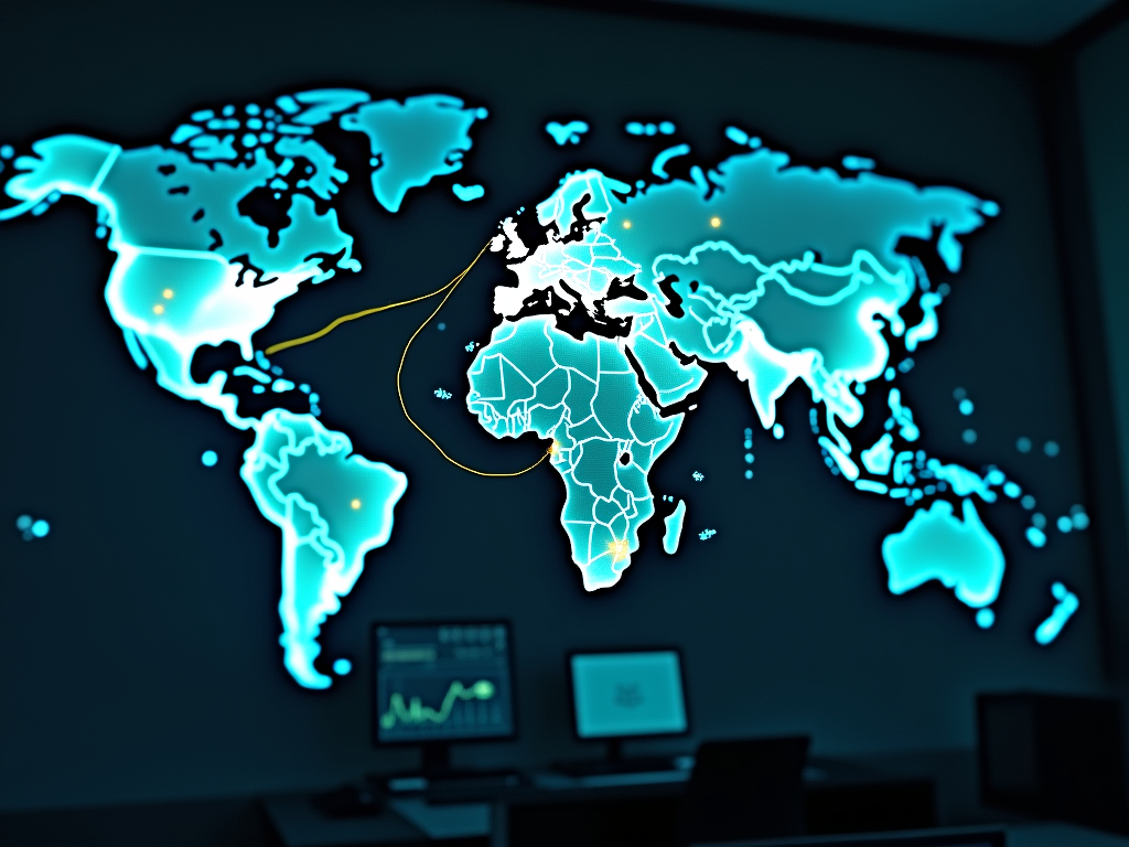 A glowing world map with highlighted regions, featuring computer screens displaying data in a dark room setting.