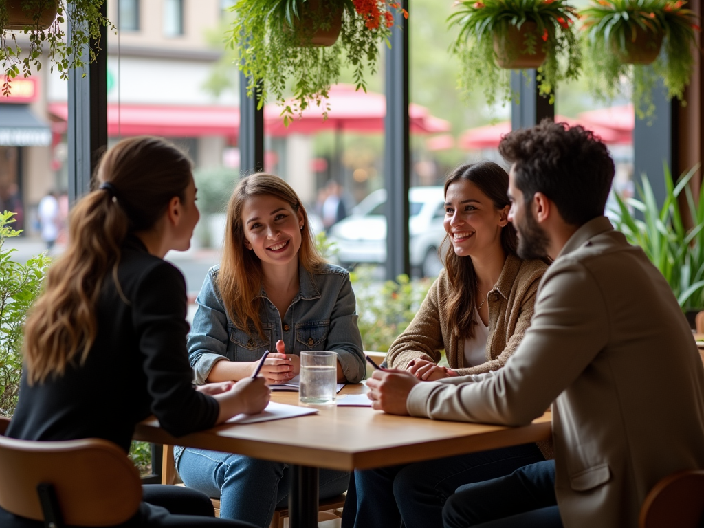 Four friends enjoying a conversation at a cafe table, surrounded by green plants.