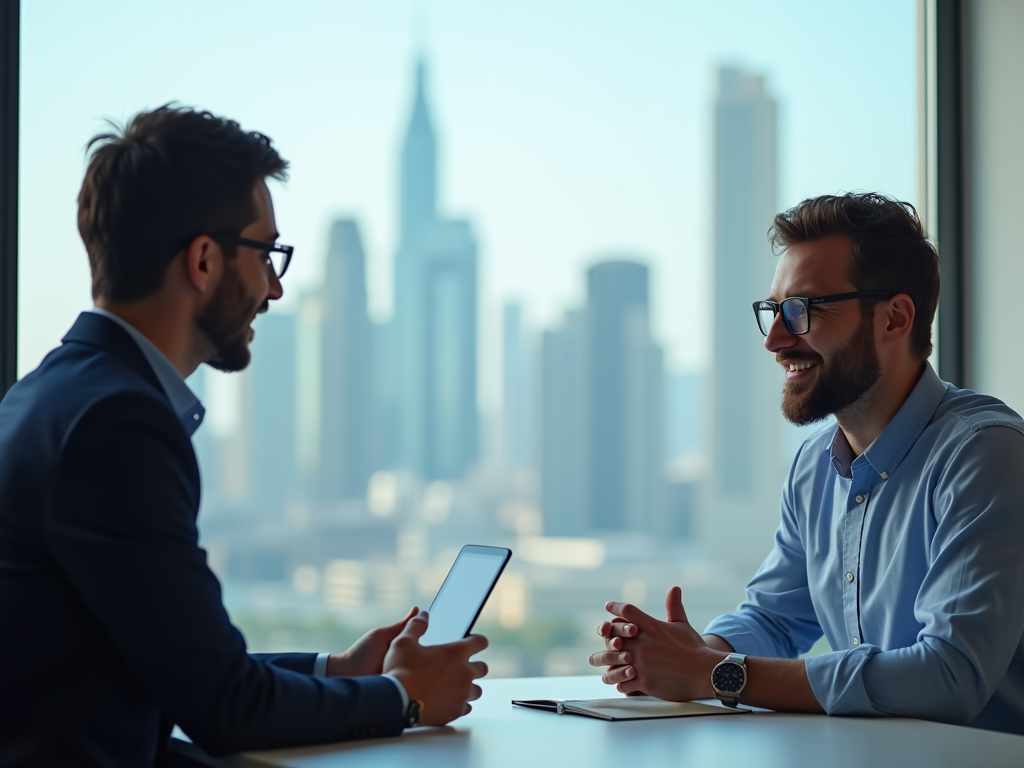 Two men in business attire in discussion by a window overlooking a city skyline.