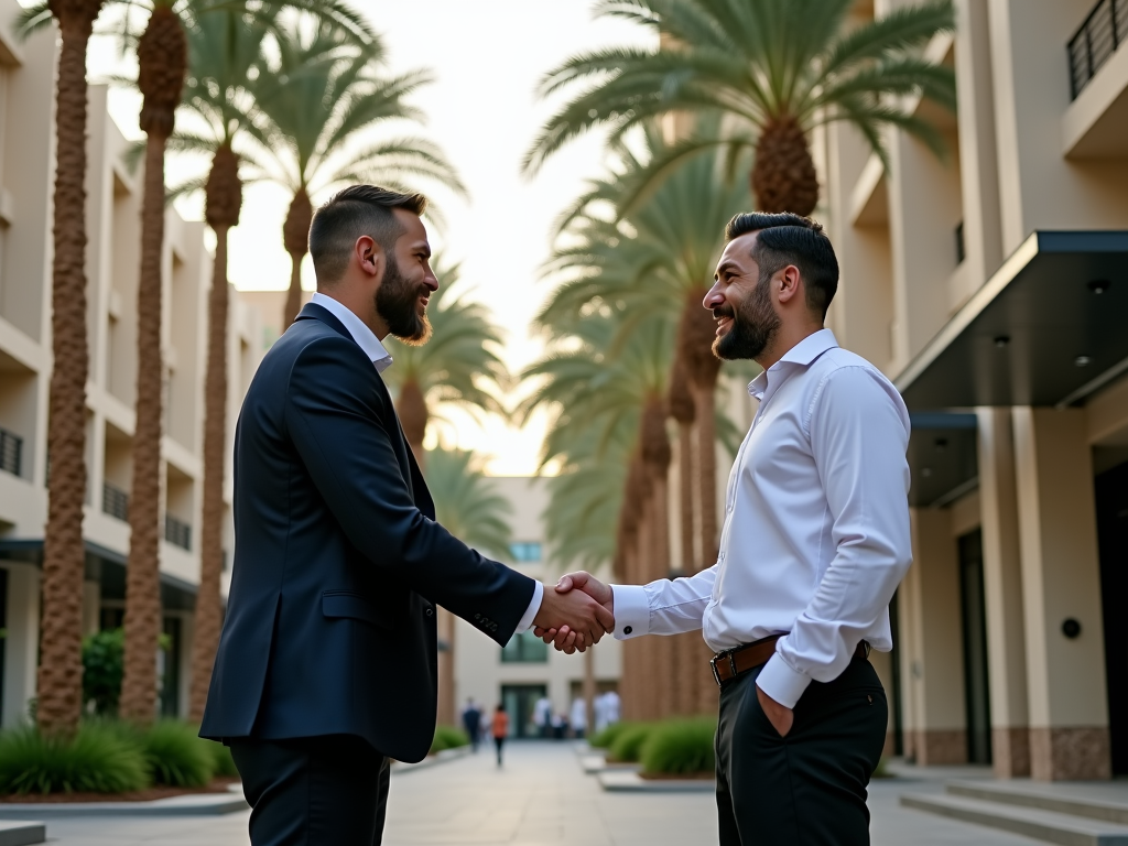 Two men in business attire shake hands and smile on a palm-lined street.