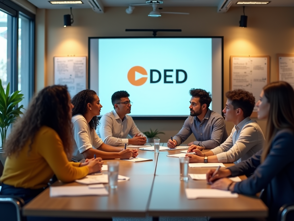 Business team engaged in a meeting with a 'DED' logo projected on the screen in a modern office.