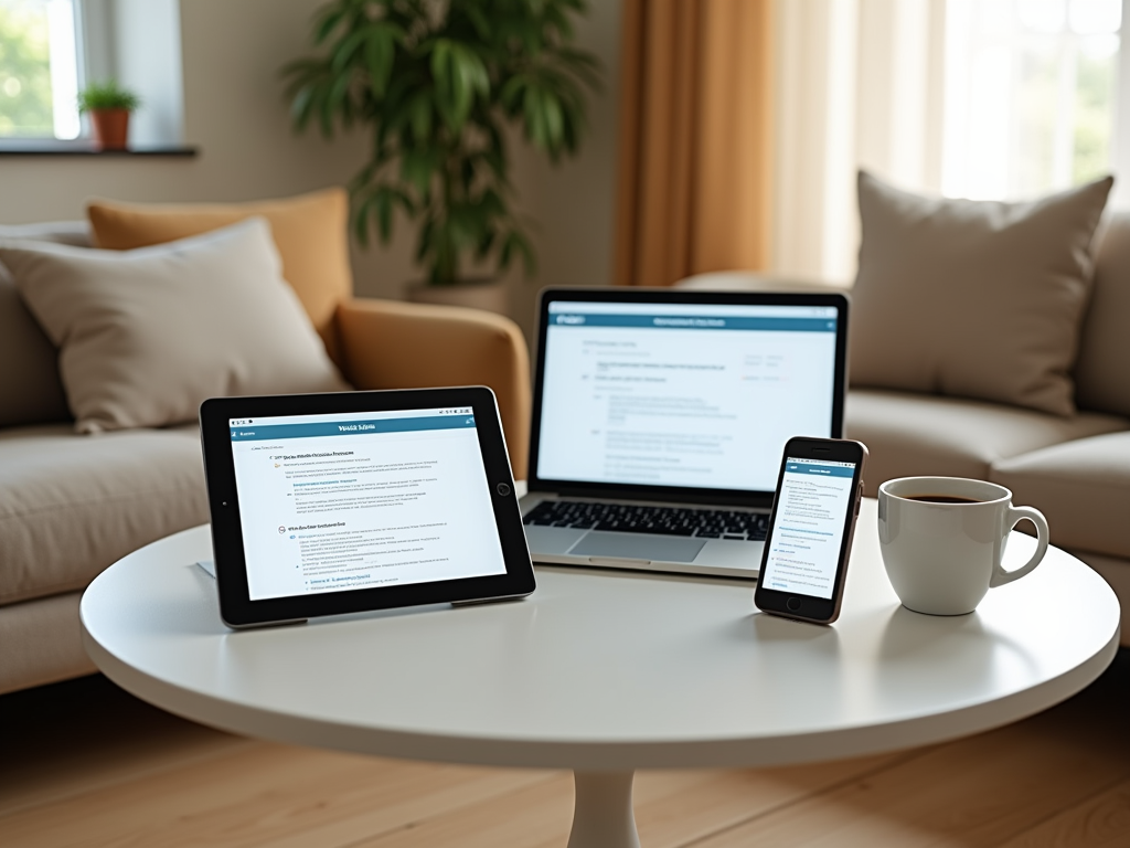 A tablet, laptop, and smartphone display documents on a coffee table with a cup of coffee in a cozy living room.